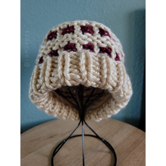Two-Tone Waffle-Base Knit Beanie - Burgundy/Cream (Handmade) - Picture 3 of 11